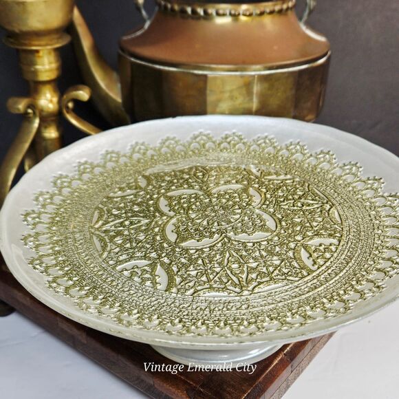 Vtg Turkish Glass White Cake Stand Pedestal Dessert Serving Platter Gold Lace - Picture 2 of 12
